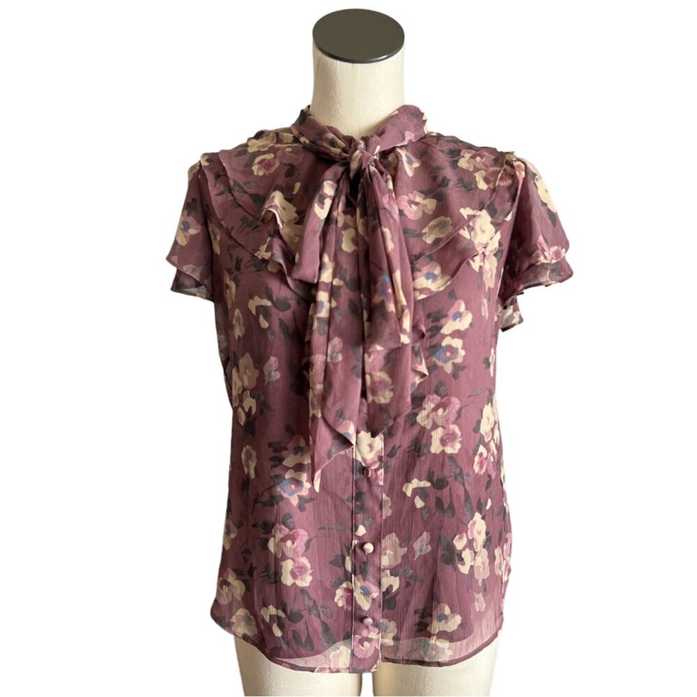 Ralph Lauren Black Label Womens Size Medium Purple Blouse Georgette Tie Neck NWT